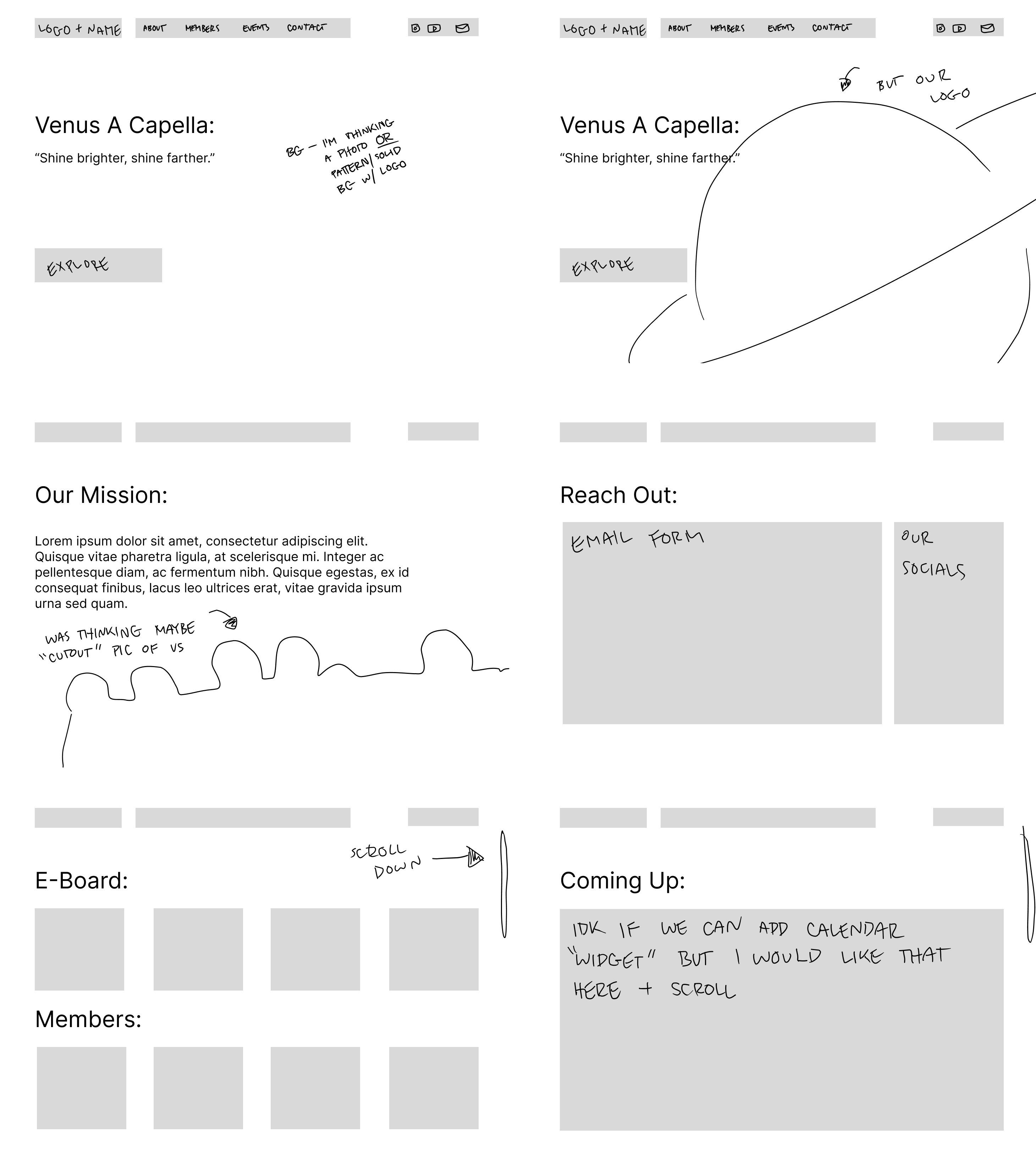Low-fidelity wireframes for the Venus A Cappella website